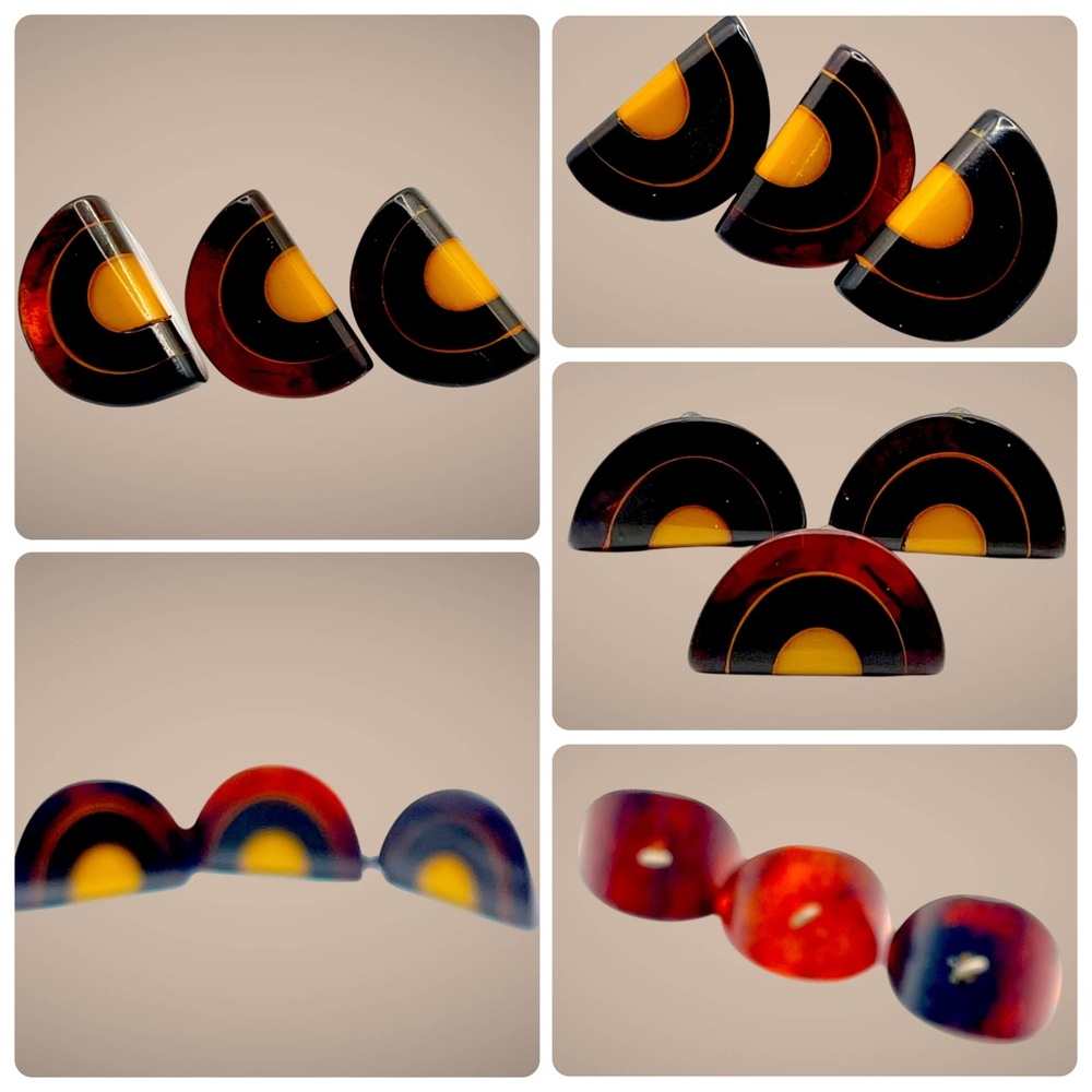 Rare Vintage Set of 3 Art Deco Laminated Bakelite or Celluloid Shank Buttons